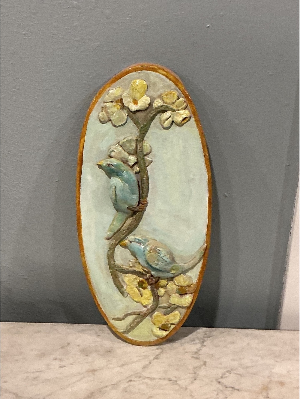 Vintage Oval Pottery Wall Plaque Bluebirds on Dogwood Branch Hand Painted